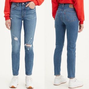 Levis Medium Blue Wash 501 Destructed High Rise Button Fly Skinny Jeans